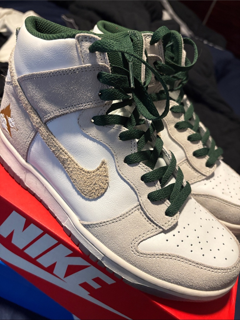 Nike Kids High-Top Sneakers — White, Beige & Green Laces